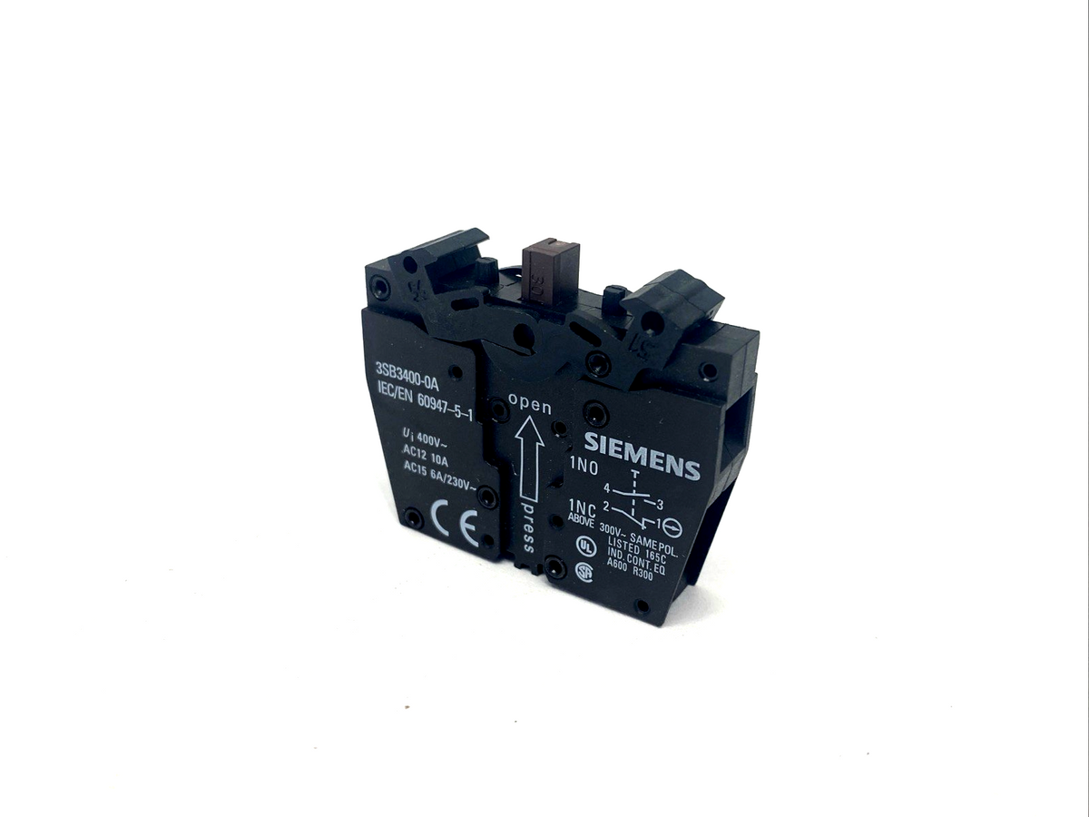3SB3400-0A,3SB3 400-0A | Siemens 3SB3400-0A Contact Block, 2-Elements, 1 NO + 1 NC - New – Open box - Maverick Industrial Sales