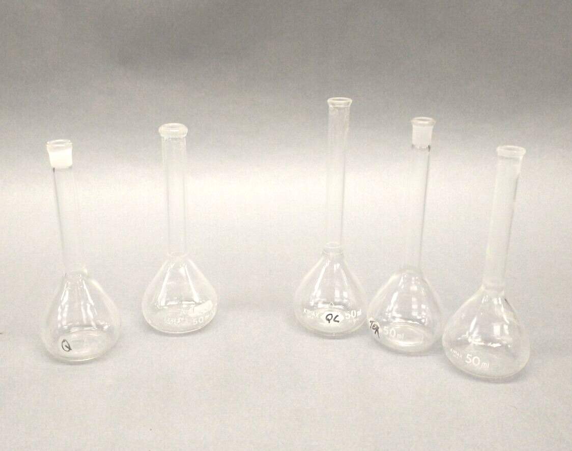 Pyrex 5580-50, Kimble KIMAX 28014-50 w/ 3x TC 50mL, Volumetric Flask SET OF 5 - Maverick Industrial Sales