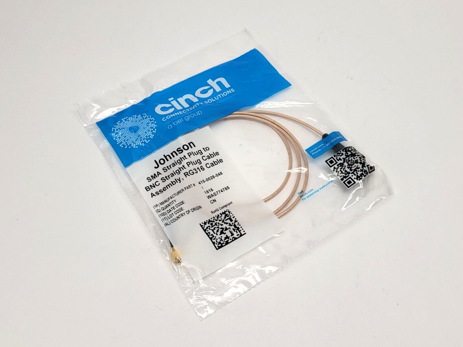Cinch Connectivity 415-0028-048 SM Plug to BNC Plug Cable Assembly Coaxial Cable - Maverick Industrial Sales