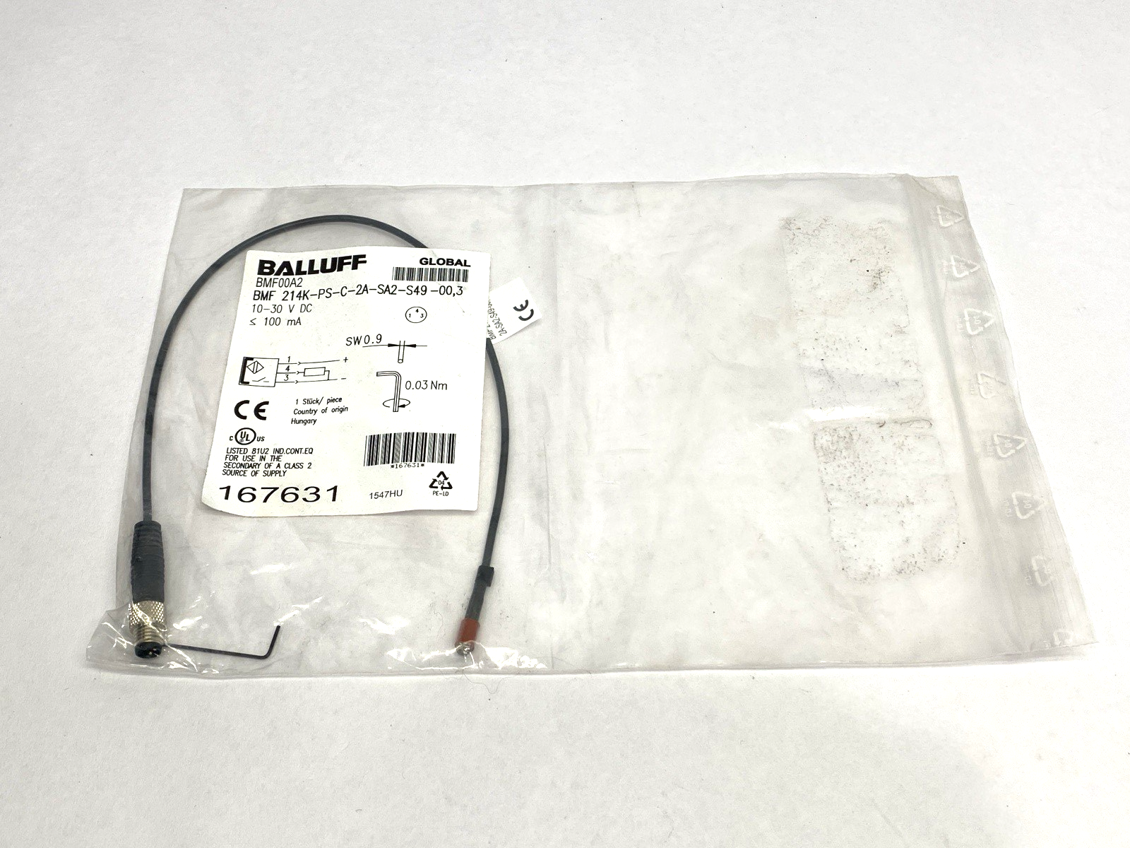 Balluff BMF 214K-PS-C-2A-SA2-S49-00,3 Magnetic Field Cylinder Sensor BMF00A2 - New – Open box - Maverick Industrial Sales