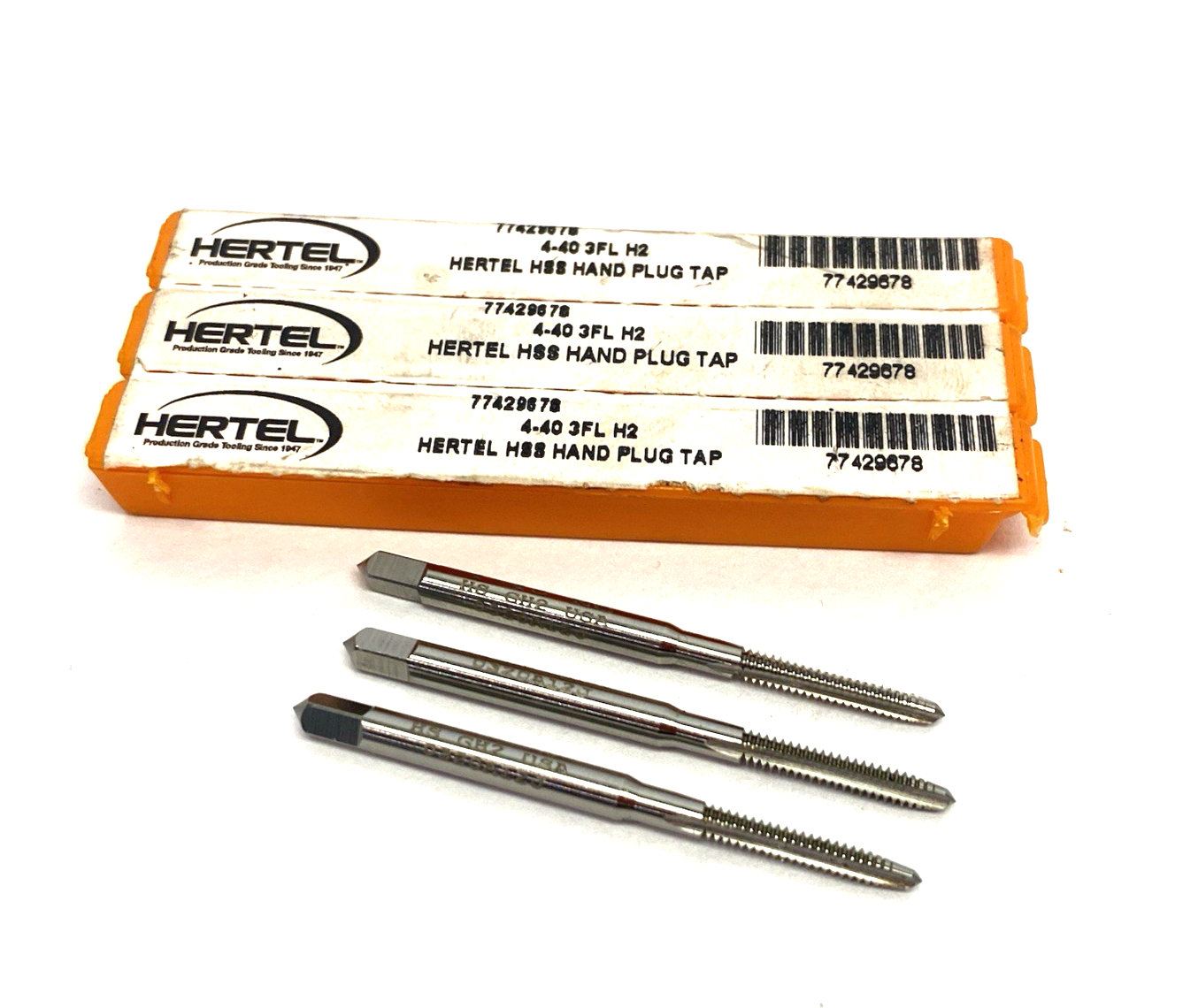 77429678 | Hertel Straight Flute Tap: #4-40 UNC, 3 Flute, Plug Chamfer, LOT OF 3 - New – Open box - Maverick Industrial Sales