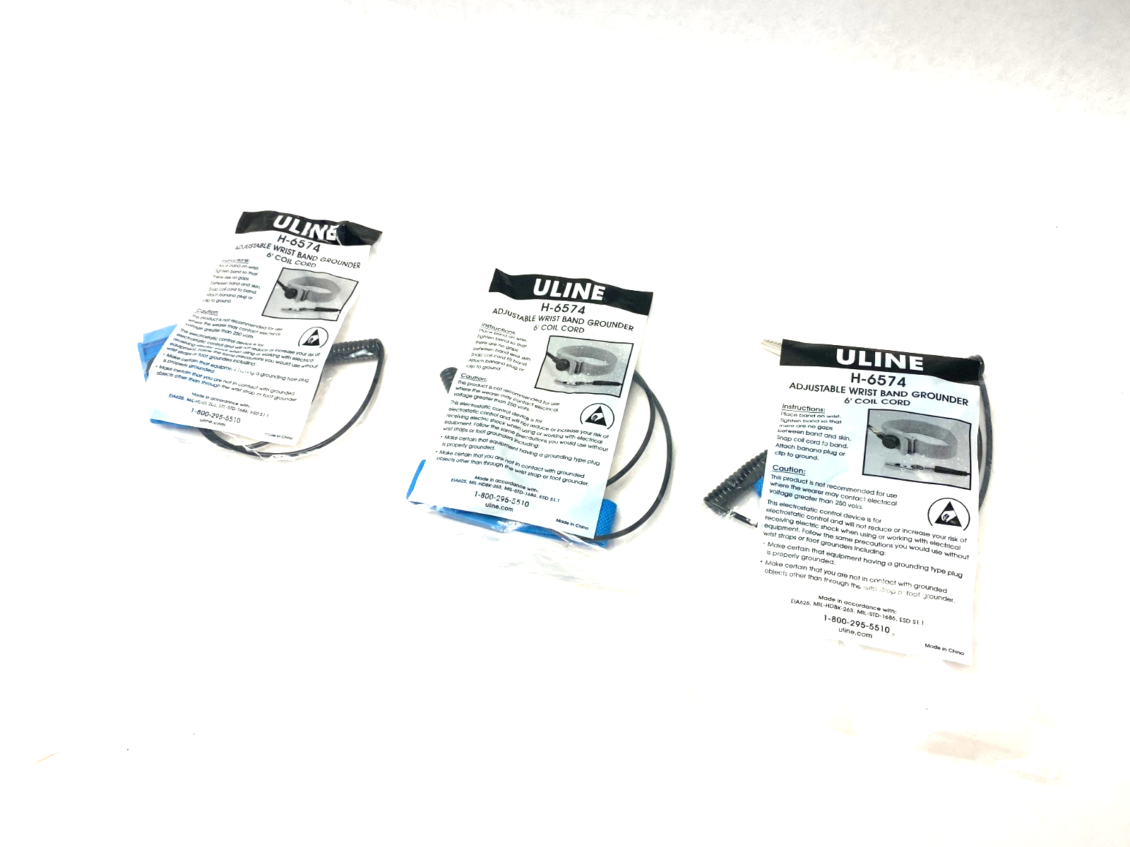 Uline H-6574 Adjustable Wrist Band Grounding Strap 6' Coil Cord LOT OF 3 - Maverick Industrial Sales