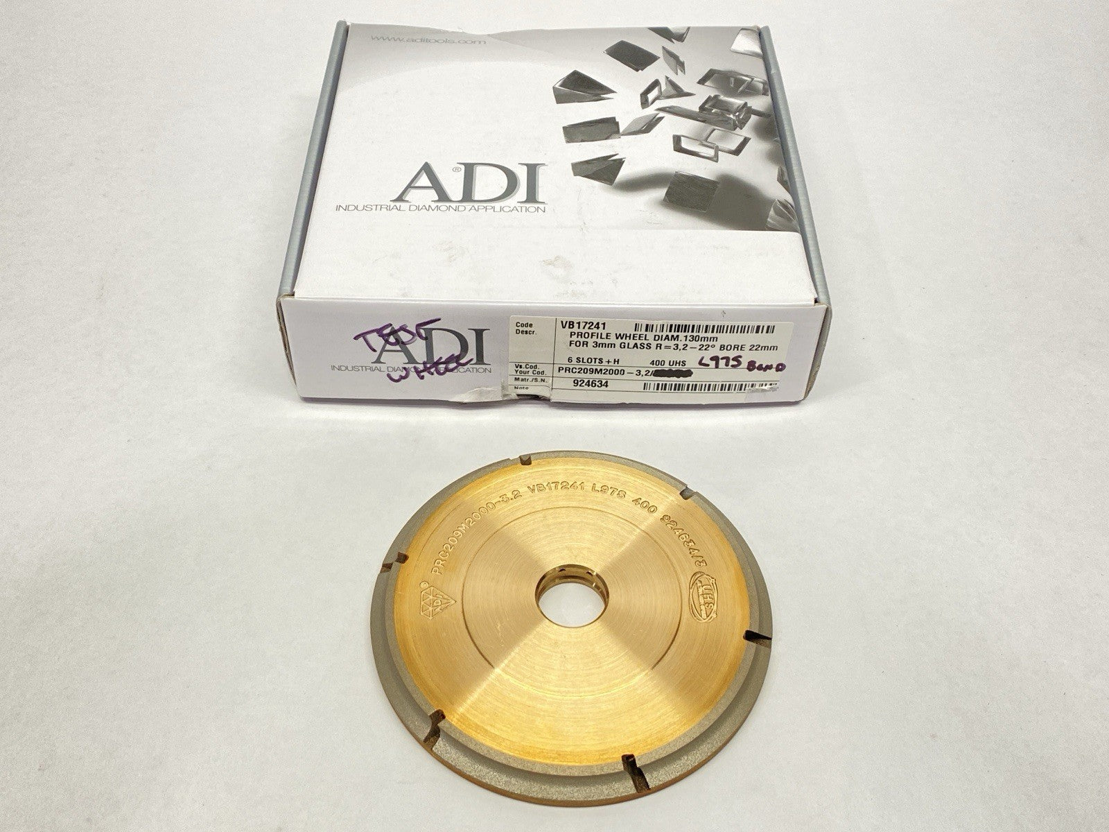 VB17241 | ADI Diamond Profile Wheel 130mm Diameter For 3mm Glass 22mm Bore - New – Open box - Maverick Industrial Sales