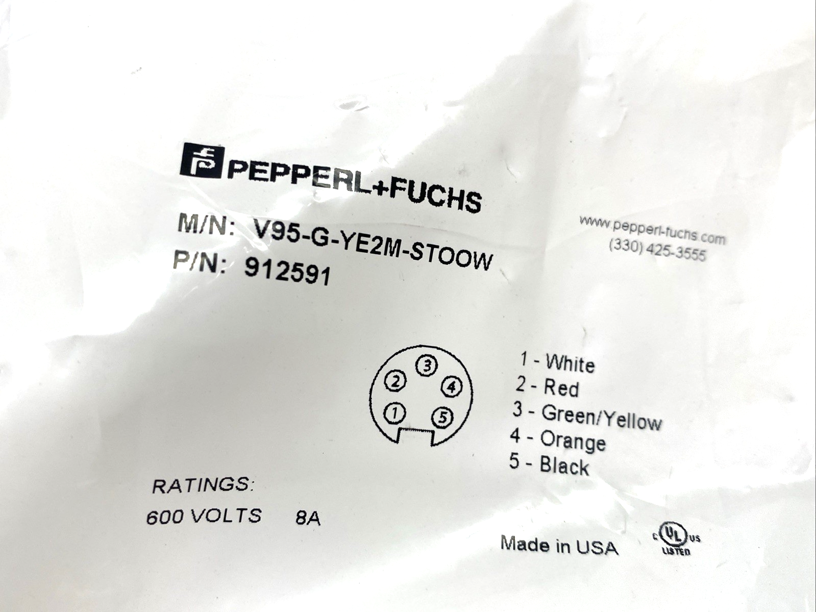 Pepperl+Fuchs V95-G-YE2M-STOOW Cordset 7/8" Female 5-Pin 2m 912591 - New – Open box - Maverick Industrial Sales
