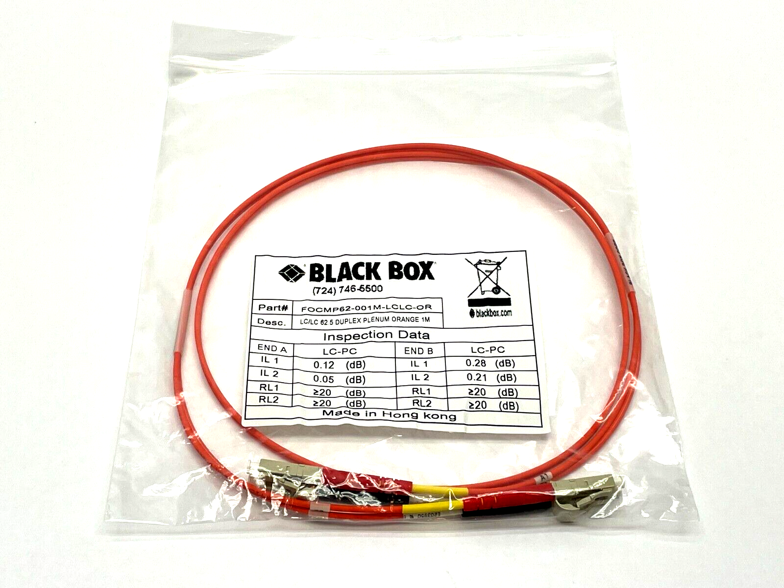 Black Box FOCMP62-001M-LCLC-OR Duplex Patch Cable 1m Length - New - Maverick Industrial Sales