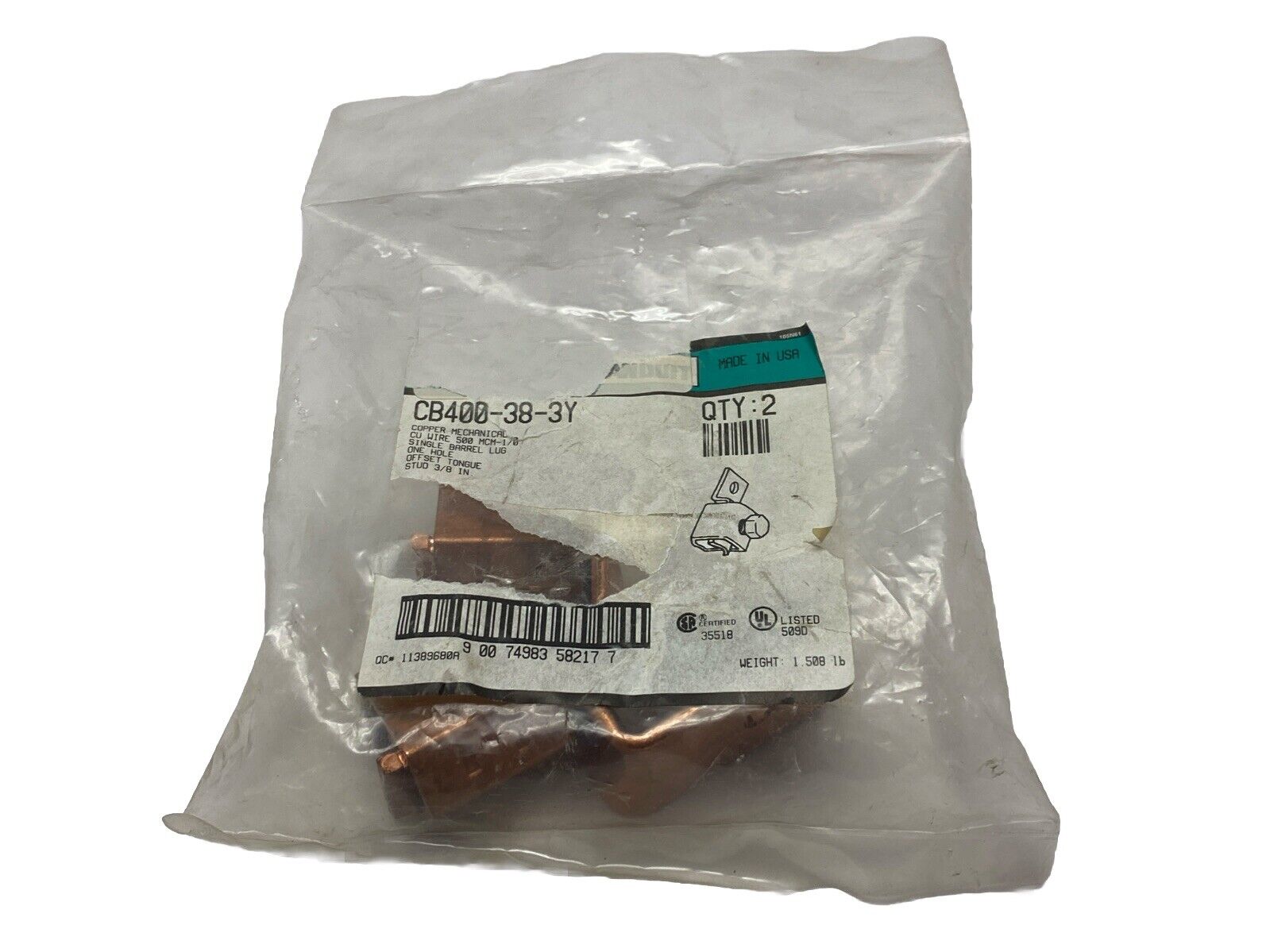 Panduit CB400-38-3Y Terminal Lugs Copper 3/8" PKG OF 2 - New - Maverick Industrial Sales