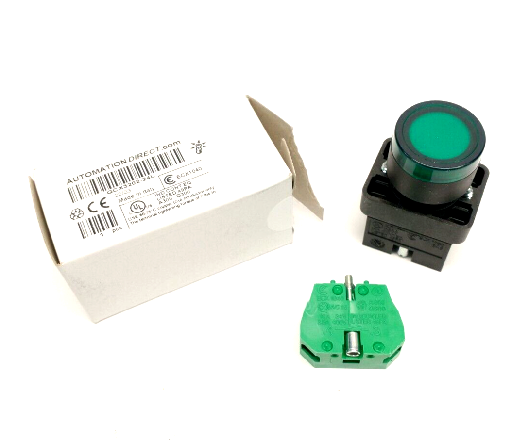 GCX3202-24L,ECX1040 | Automation Direct GCX3202-24L 22mm Green Pushbutton 30mm Operator & ECX1040 - New - Maverick Industrial Sales