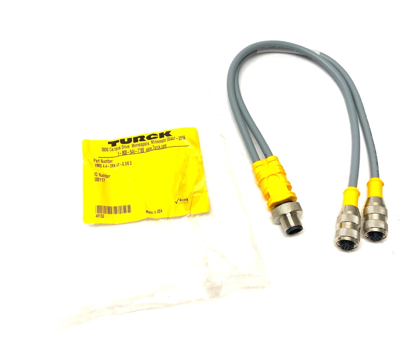 VBRS 4.4-2RK 4T-0.3/0.3, U0117 | Turck VBRS 4.4-2RK 4T-0.3/0.3 Splitter Cable 2-Branch, M M12 to 2x F M12, U0117 - New Other - Maverick Industrial Sales