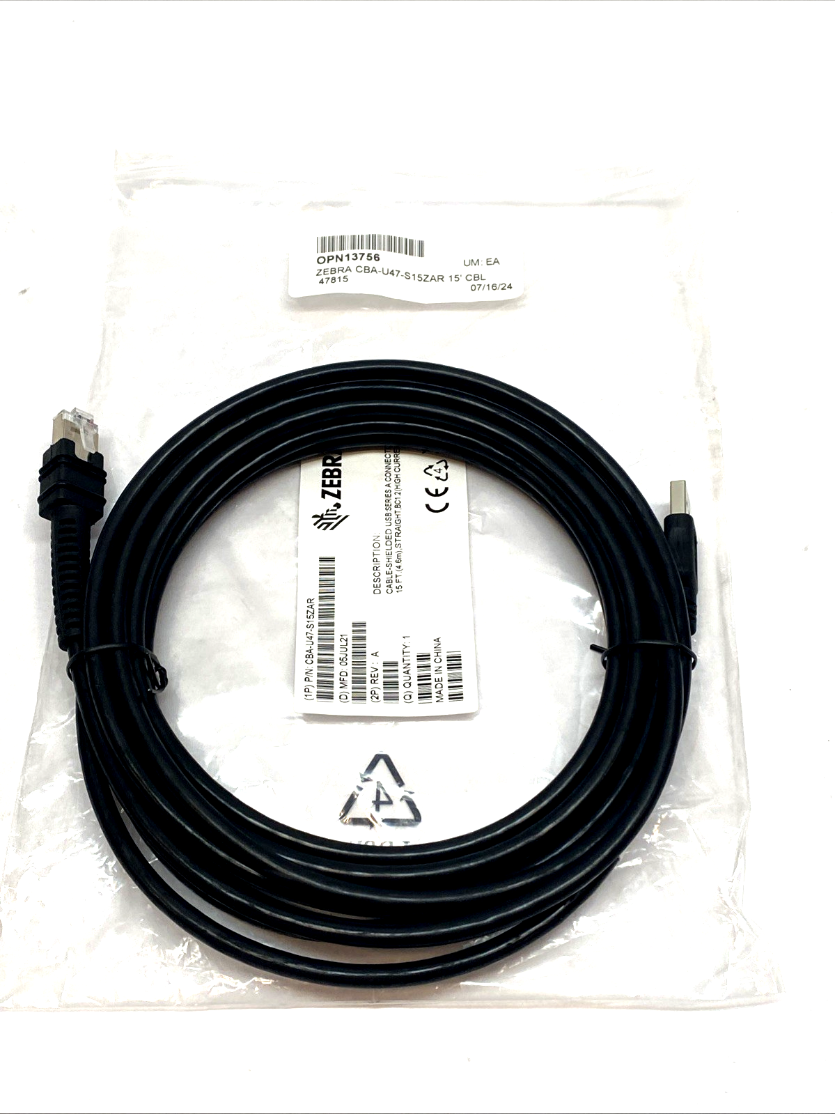 Zebra CBA-U47-S15ZAR Shielded USB Cable Series A, 15ft Straight, BC 1.2 - Maverick Industrial Sales