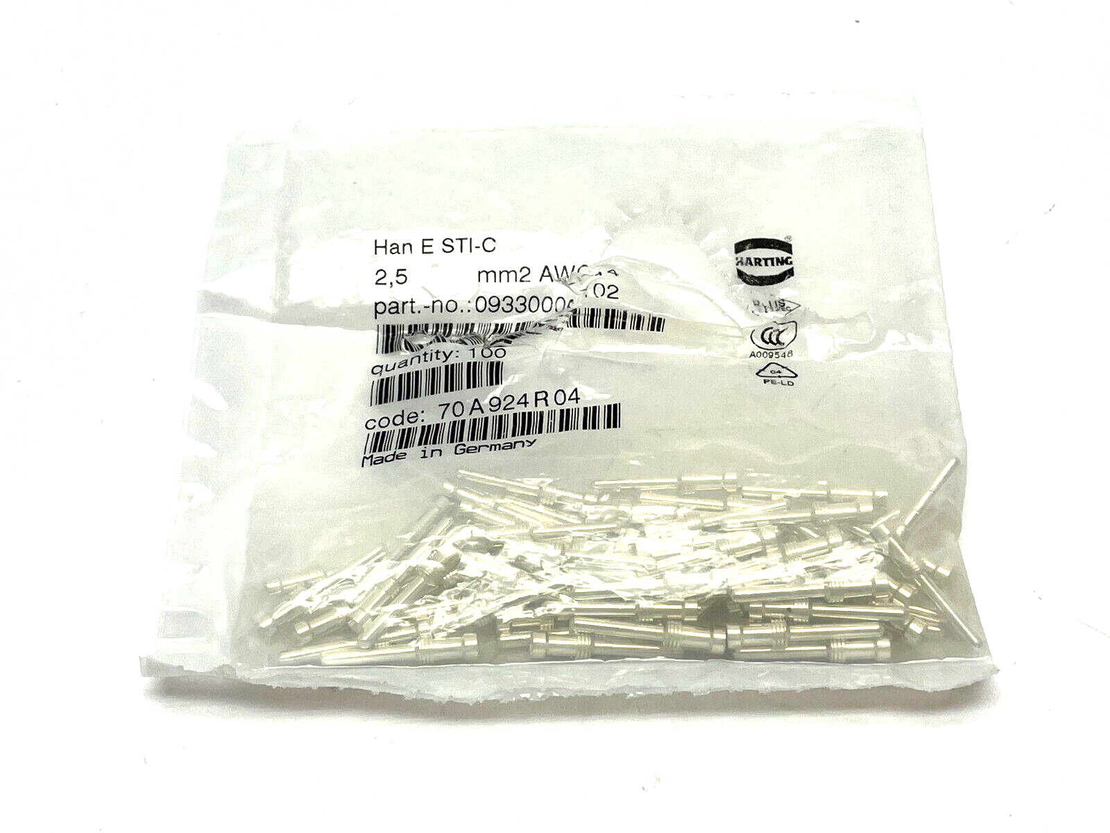 Harting 09 33 000 6102 Han E M Crimp Contact Ag 2.5 mm²/ 14 AWG LOT OF 57 - Maverick Industrial Sales