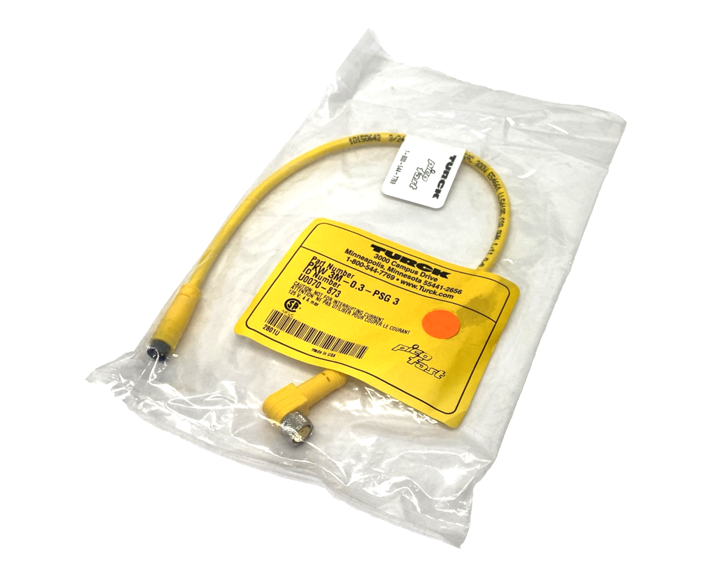 Turck PKW 3M-0.3-PSG 3 Cordset M12 Angle 3-Pin Female - Snap Male 0.3m U0070-873 - New - Maverick Industrial Sales