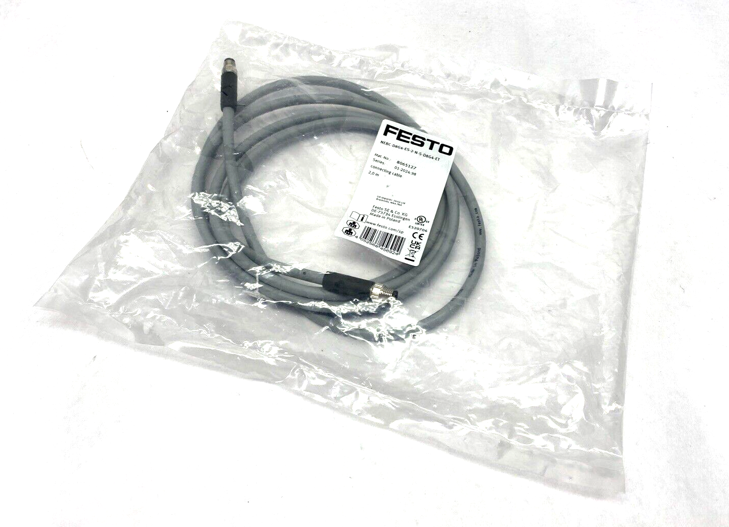 Festo NEBC-D8G4-ES-2-N-S-D8G4-ET Connecting Cable M8 4-Pin Male 2m 8065127 - Maverick Industrial Sales