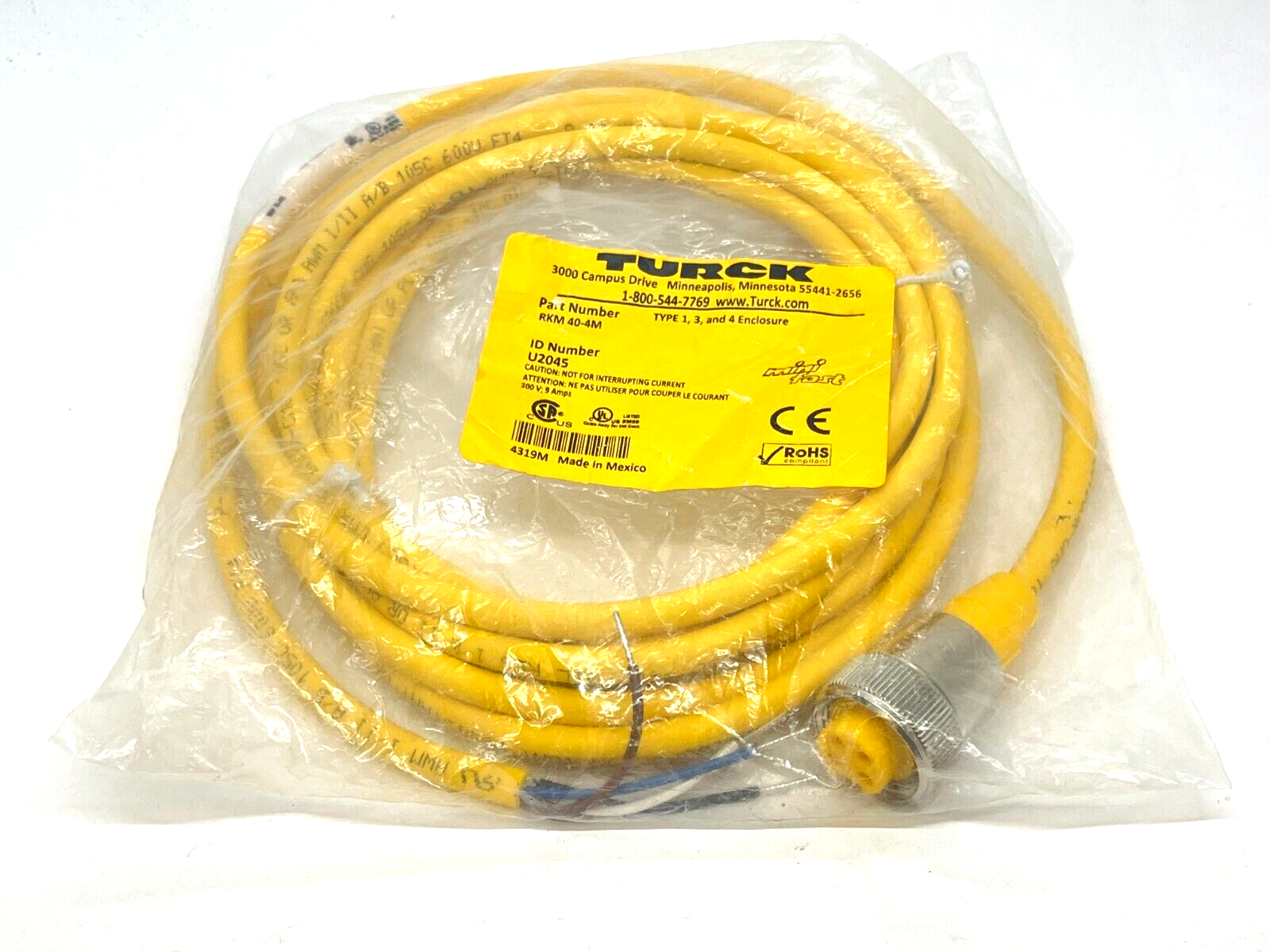 Turck RKM 40-4M Minifast Cordset Female 7/8 UN Connector 4-Pin 4m U2045 - New - Maverick Industrial Sales