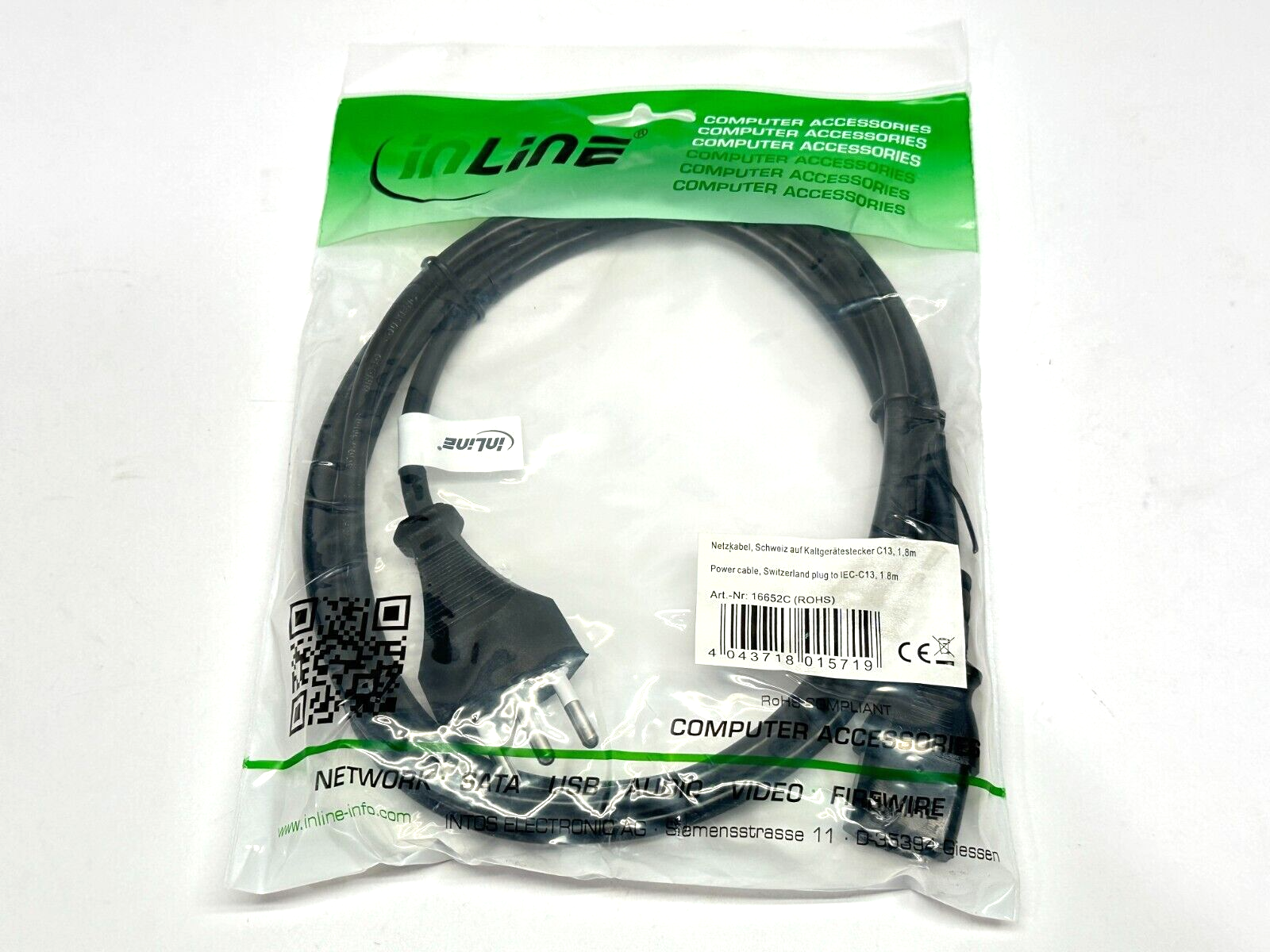 16652C | Inline Power Cable Switzerland Plug To IEC-C13 Plug 1.8m - New - Maverick Industrial Sales