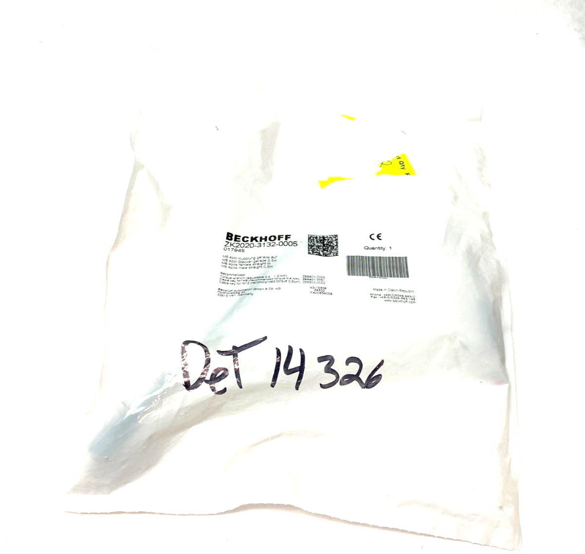 ZK2020-3132-0005 | Beckhoff Double Ended Power Cable M8 4-Pos Male to Fem - New Other - Maverick Industrial Sales