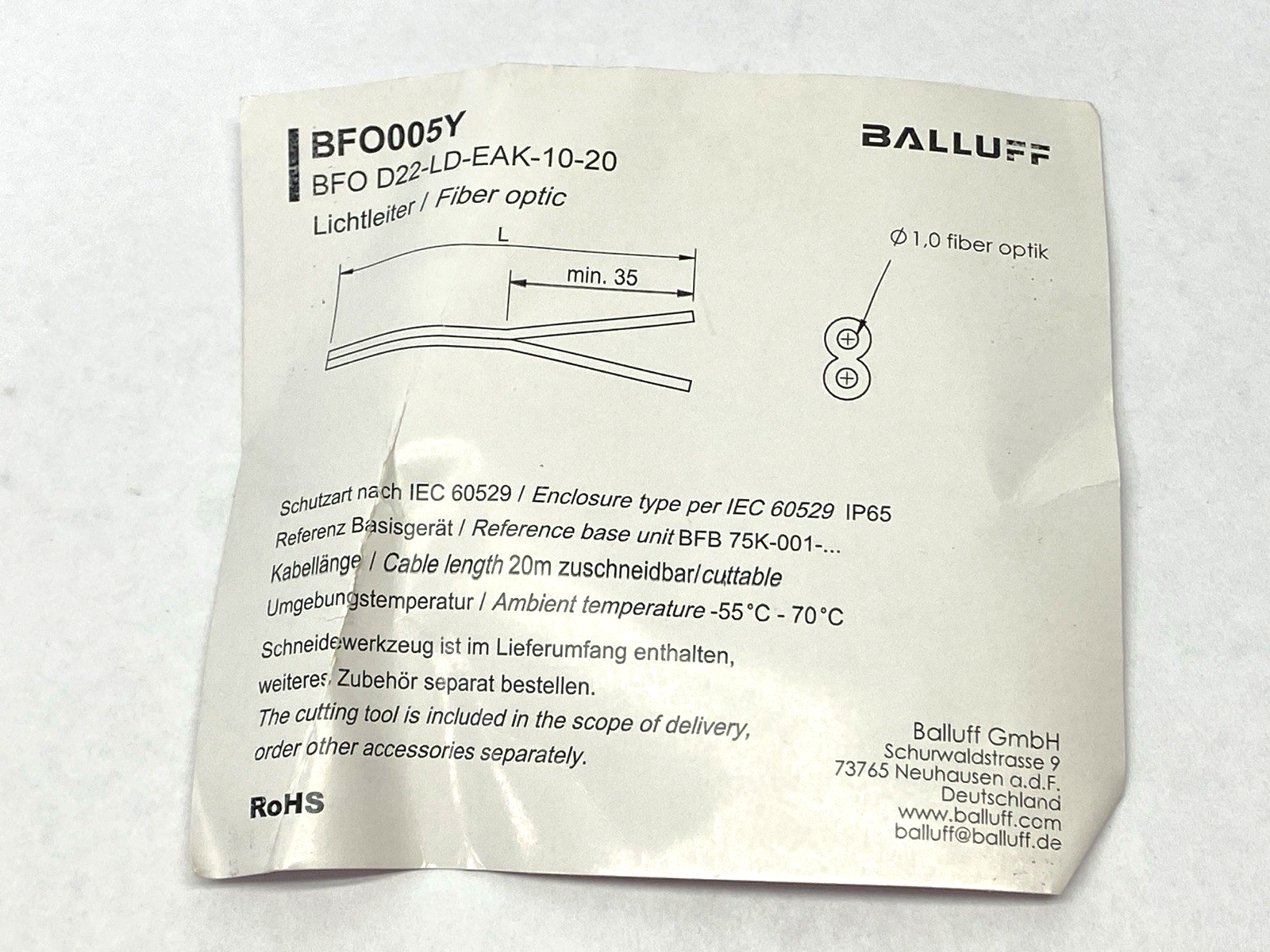 Balluff BFO005Y Fiber Optic Cable 20m BFO D22-LD-EAK-10-20 - Maverick Industrial Sales