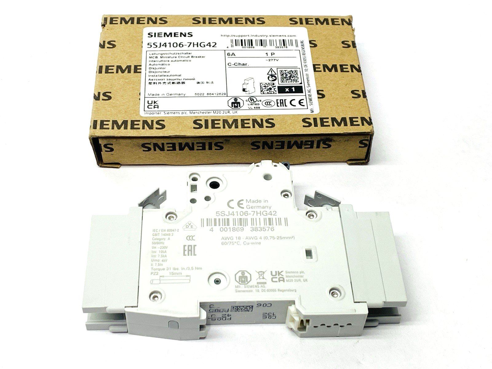 Siemens 5SJ4106-7HG42 Miniature Circuit Breaker 1-Pole 6A 277VAC/480Y 60VDC - Maverick Industrial Sales