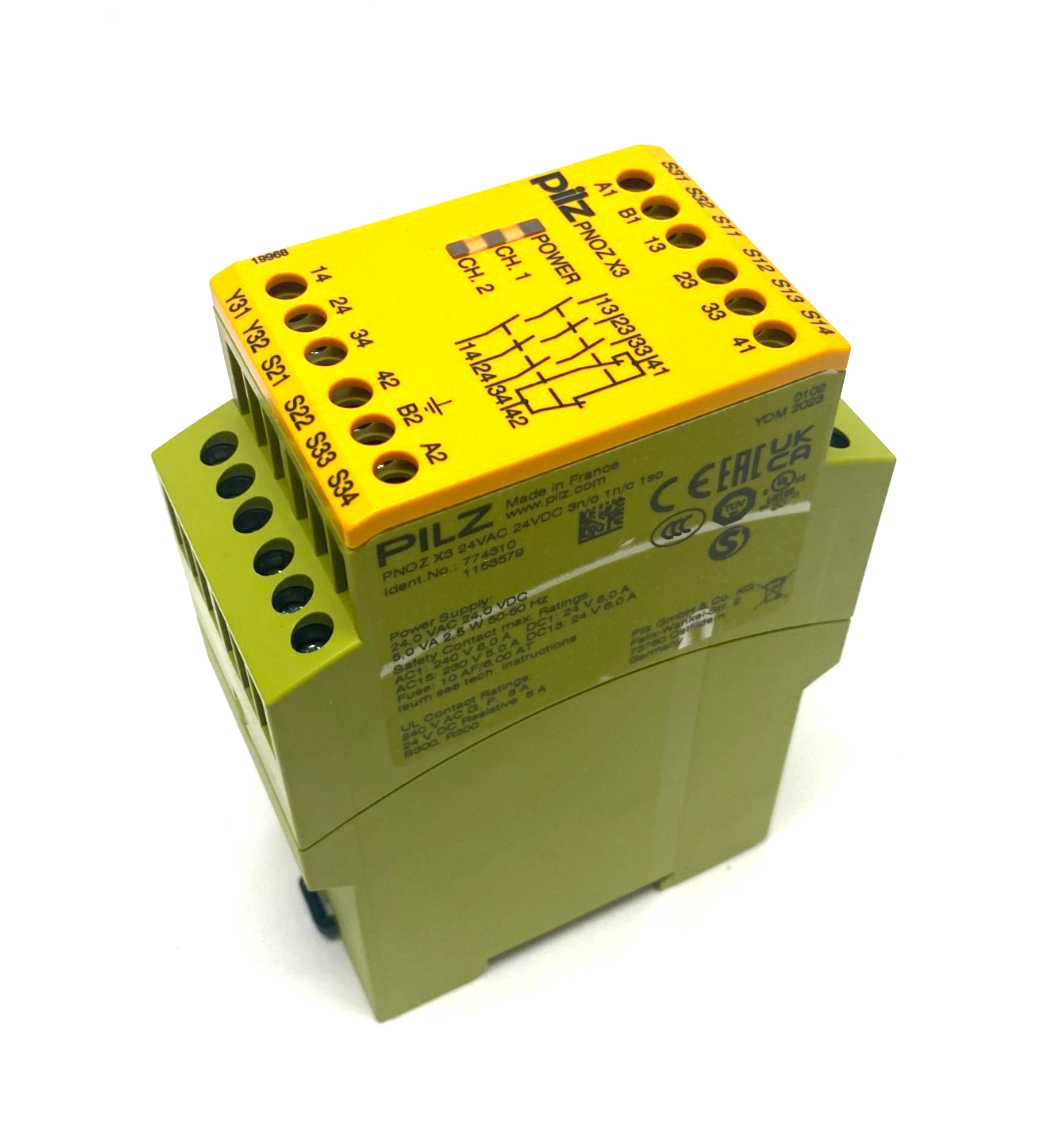 774310 | Pilz Standalone Safety Relay 1/2-Chan PNOZ X3 24VAC 24VDC 3n/o 1n/c 1so - New – Open box - Maverick Industrial Sales