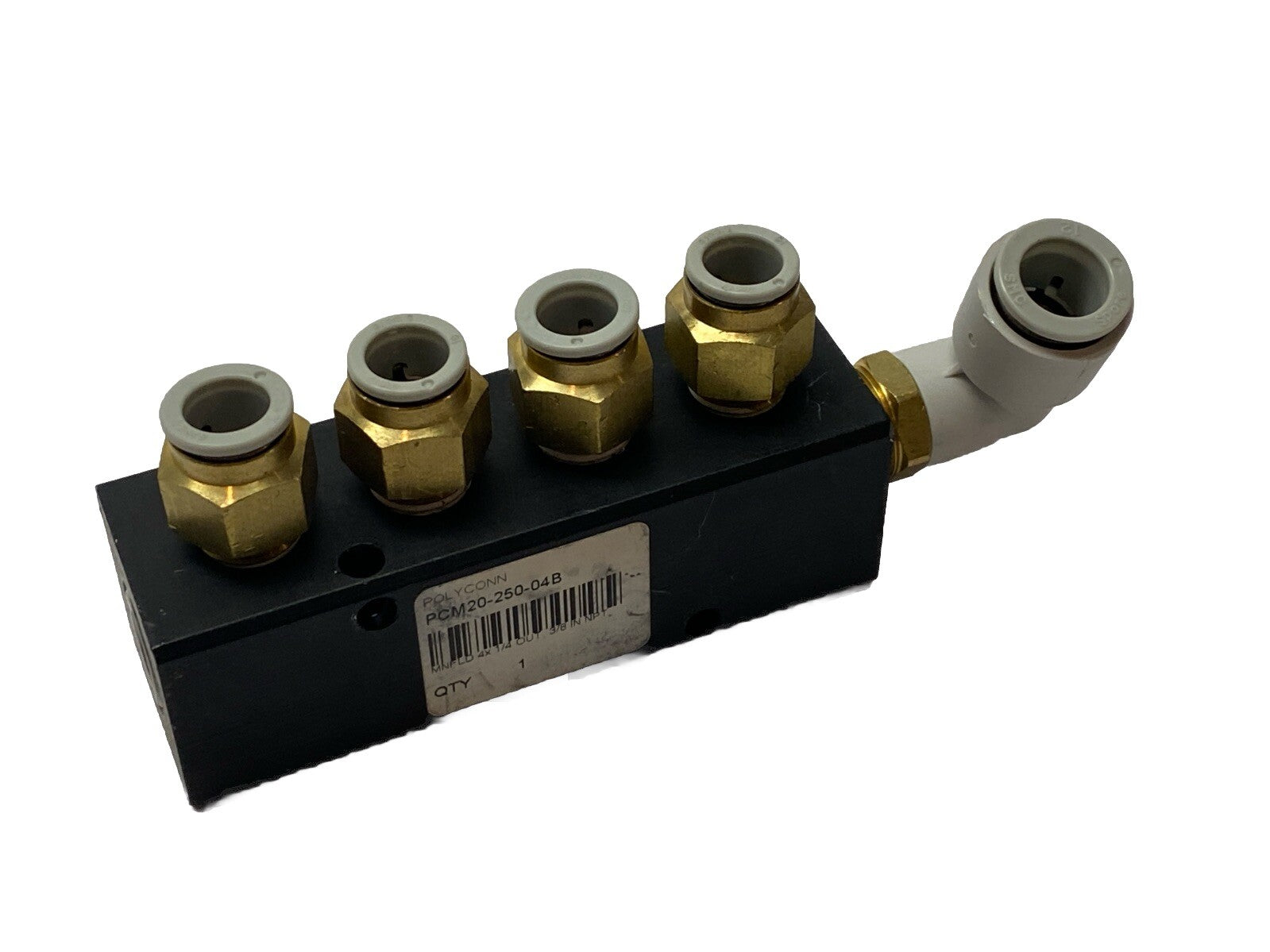 Polyconn PCM20-250-04B Pneumatic Manifold, 4x 1/4" NPT Out , 3/8"NPT IN - Maverick Industrial Sales