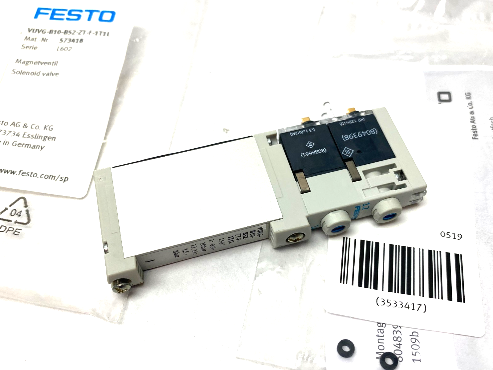 Festo VUVG-B10-B52-ZT-F-1T1L Solenoid Valve, 5/2 Bistable, 573418 - Maverick Industrial Sales