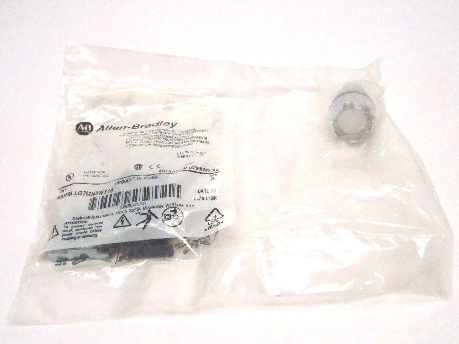 Allen Bradley 800FM-LG7MN3WX10 Clear Illuminated Metal Guarded Push-Button - Maverick Industrial Sales