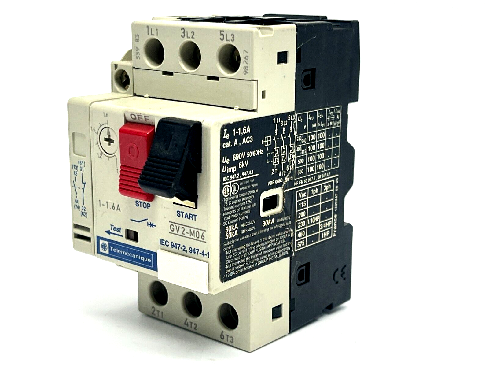 Telemecanique GV2-M06 Motor Circuit Breaker 1-1.6A w/ GV2-AN11 Auxiliary Block - Maverick Industrial Sales