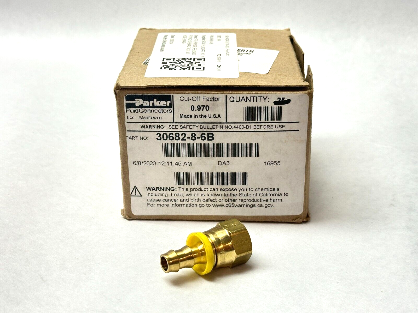 30682-8-6B | Parker Push On Hydraulic Hose Fitting 1/2" JIC x 3/8" Hose Brass - New – Open box - Maverick Industrial Sales