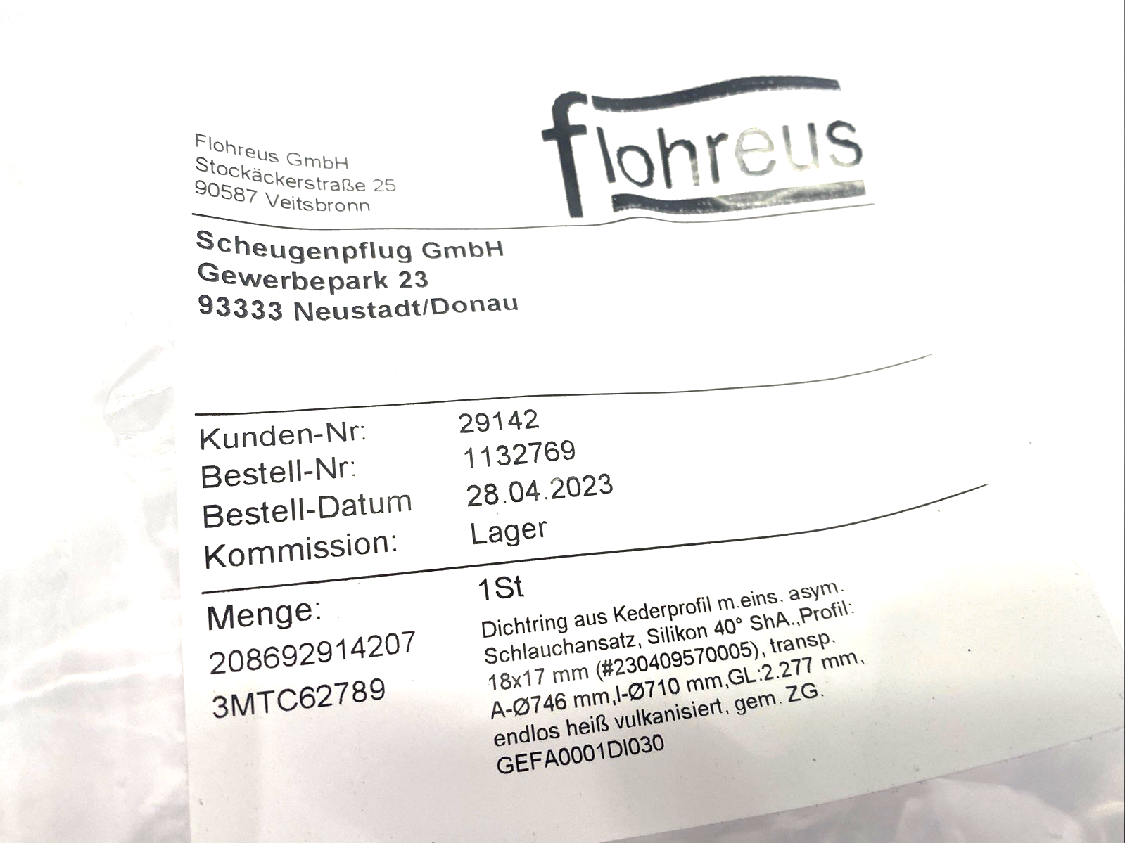 29142, 3MTC62789, 1132769 | Scheugenpflug Floreus 1132769 Sealing Keder Profile SHOR 40, 29142, 3MTC62789 - New Other - Maverick Industrial Sales