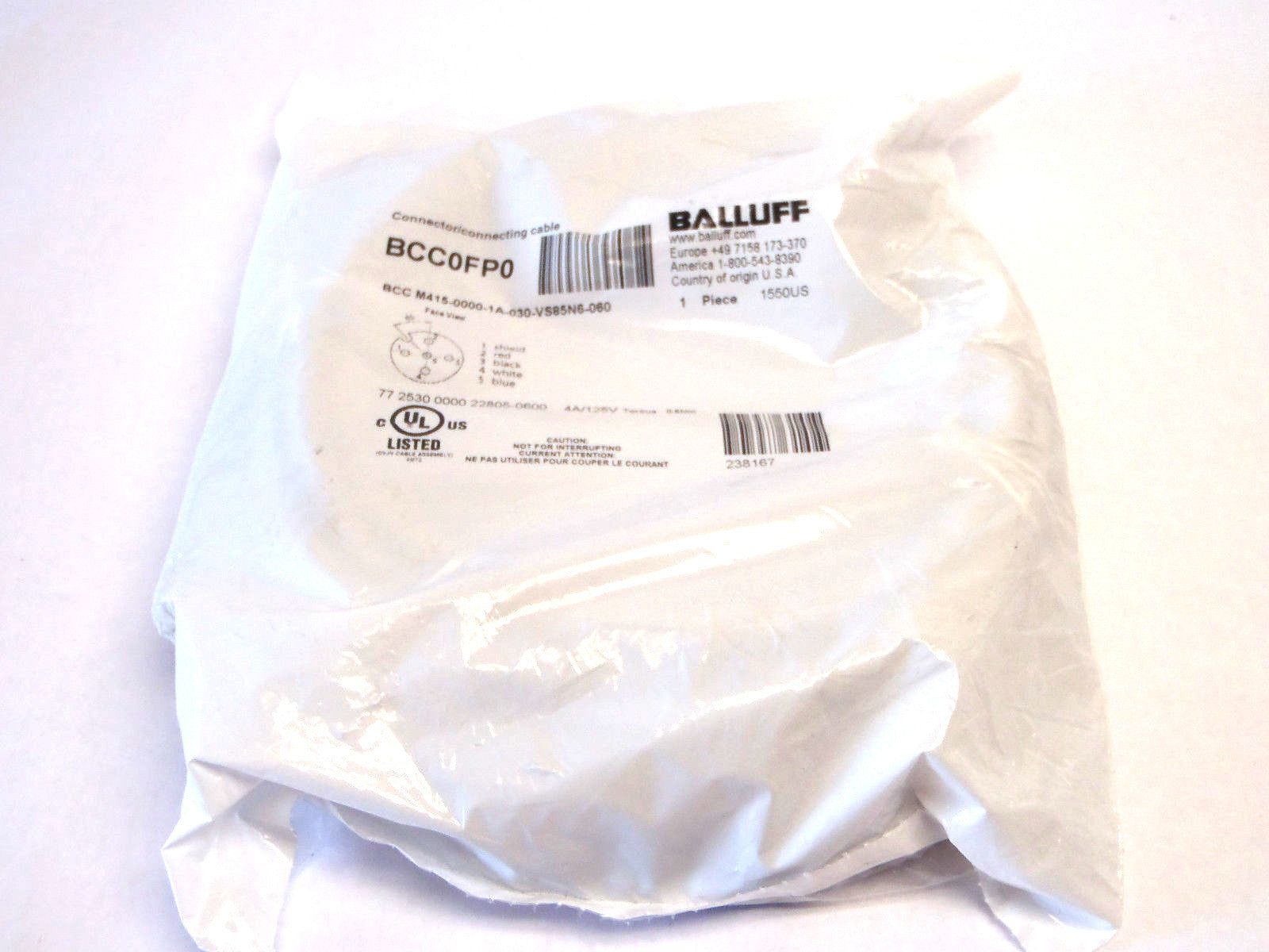 BCC0FP0 | Balluff Connecting Cable BCC-M415-0000-1A-030-VS85N6-060 4A/125V - New – Open box - Maverick Industrial Sales