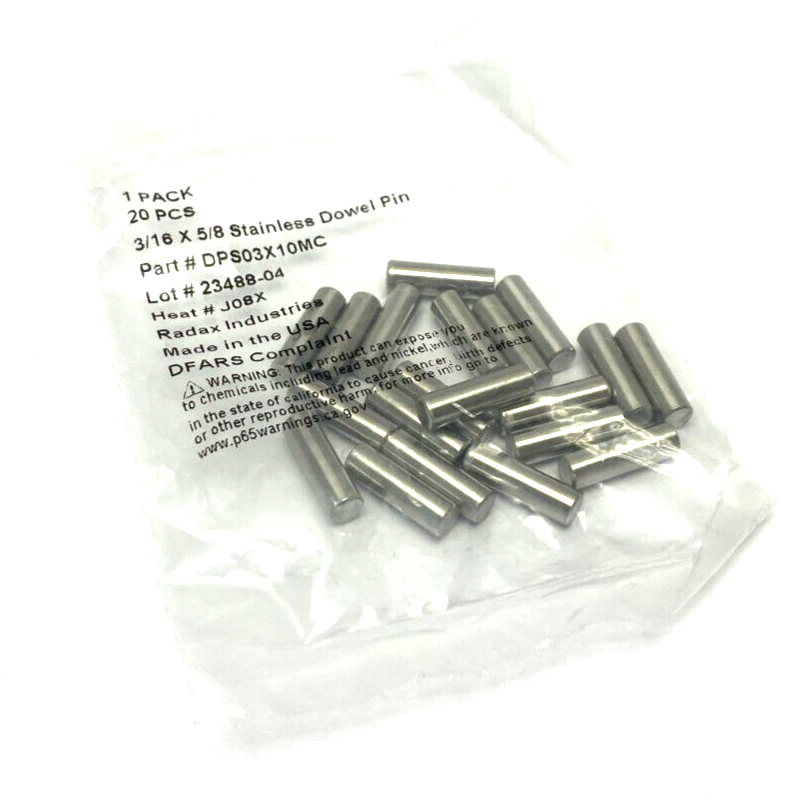 Radax DPS03X10MC Stainless Steel Dowel Pin 3/16 x 5/8 PKG OF 20 - Maverick Industrial Sales