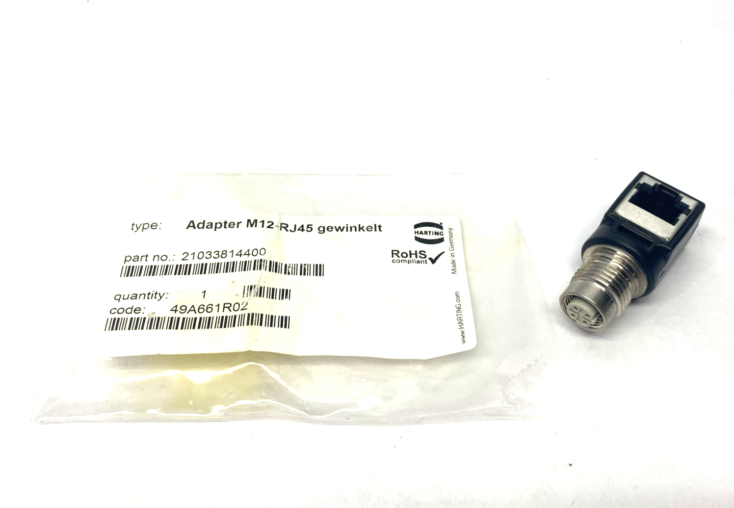 Harting 21033814400 Panel Feed-Through Adapter M12-RJ45 Right Angled NO LOCKNUT - Maverick Industrial Sales