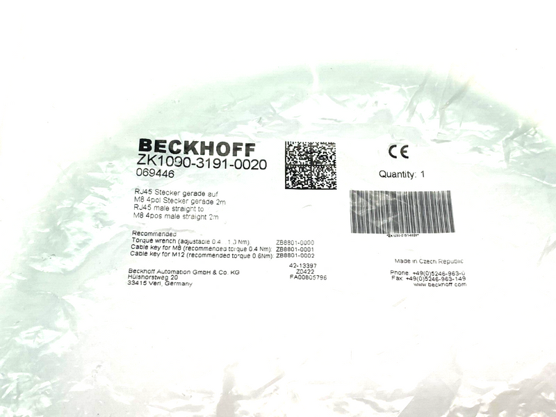 Beckhoff ZK1090-3191-0020 EtherCat Double Ended Cordset RJ45 to M8 2m Length - Maverick Industrial Sales