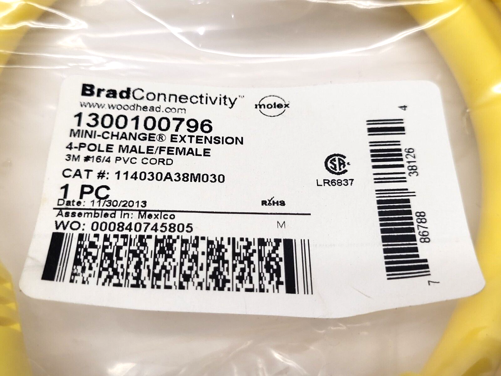 Brad Connectivity 1300100796 Mini-Change M to F Cordset 4-Pole 114030A38M030 - New – Open box - Maverick Industrial Sales