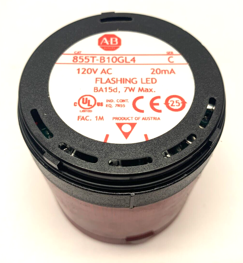 855T-B10GL4 | Allen Bradley Ser. C Red Flashing LED Stack Light 120VAC - Used - Maverick Industrial Sales