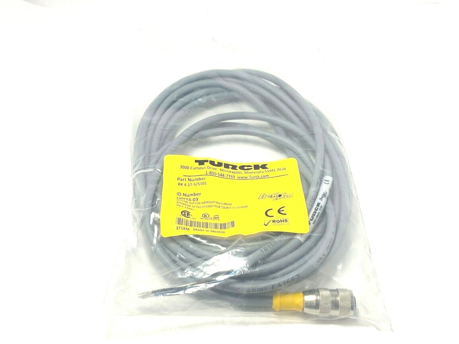 Turck RK 4.5T-5/S101 ID Number U0953-03 Eurofast Molded Cordset Cable - New - Maverick Industrial Sales