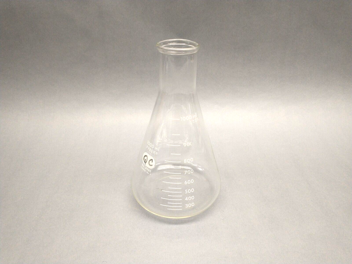 4980-1L, 4980-1000 | Pyrex 4980-1L Narrow Mouth, Graduated Erlenmeyer Flask 1000mL Stopper 9, 4980 - Used - Maverick Industrial Sales