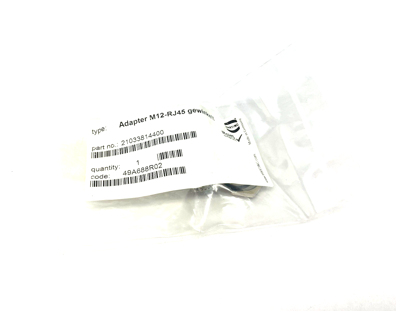 Harting 21033814400 Adapter M12-RJ45 Right Angled, Panel feed-through, Female - Maverick Industrial Sales