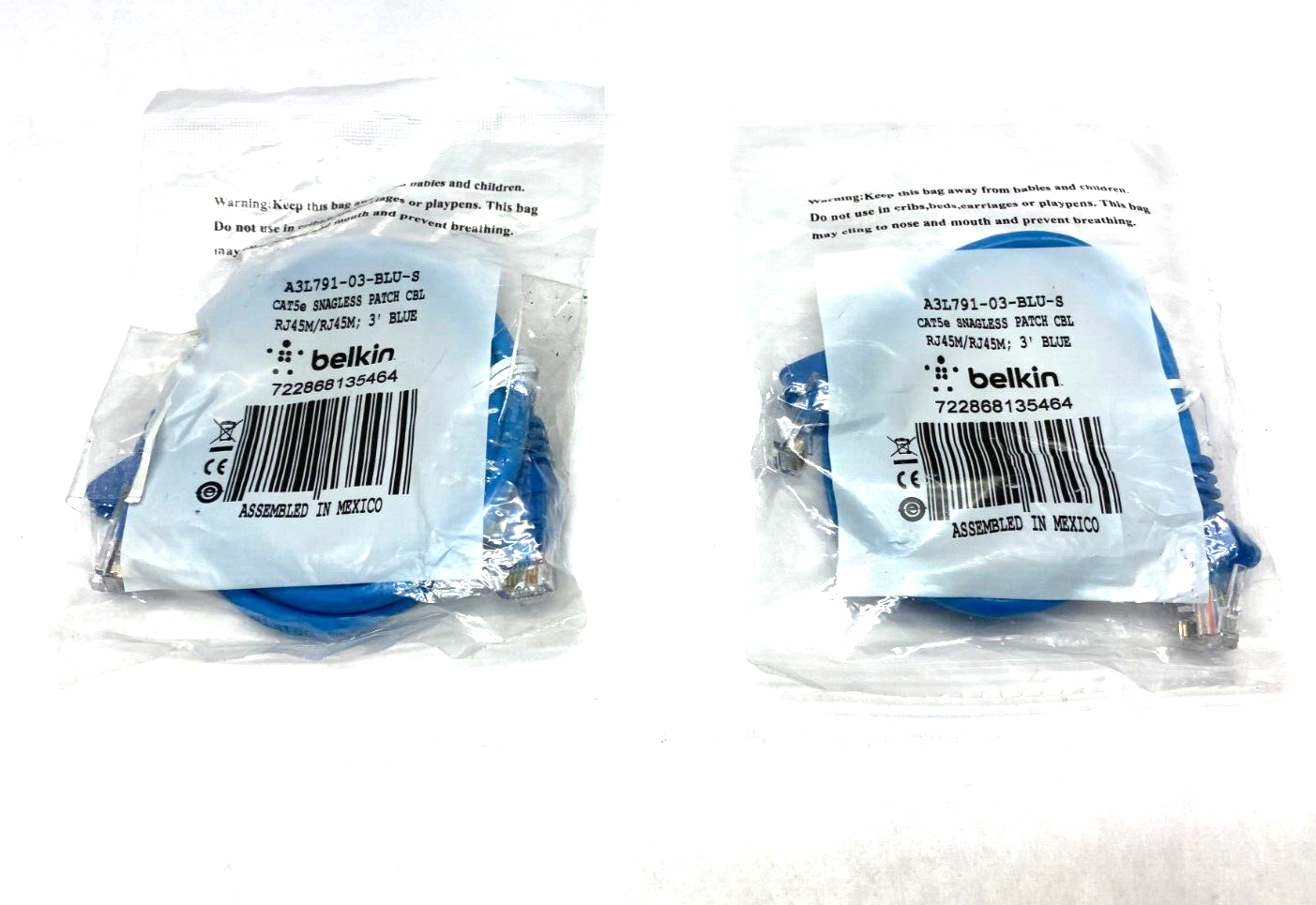 Belkin A3L791-03-BLU-S Cat5 Snagless Patch Cable RJ45 to RJ45 3' Length LOT OF 2 - Maverick Industrial Sales