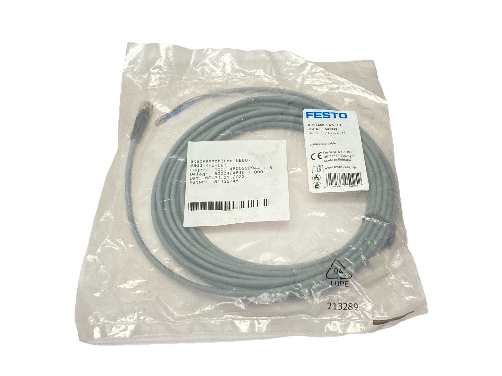 Festo NEBU-M8G3-K-5-LE3 Connecting Cable M8 3-Pin 5m 541334 - Maverick Industrial Sales