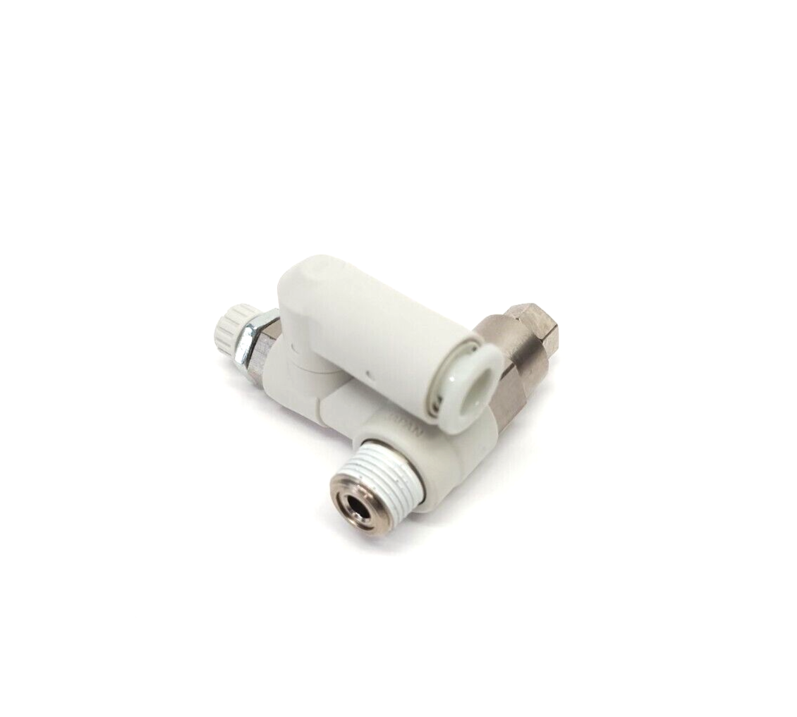 ASP330F-01-06S | SMC Elbow Fitting, Flow Control & Pilot Check Valve 6mm OD Tube- New – Open box - Maverick Industrial Sales