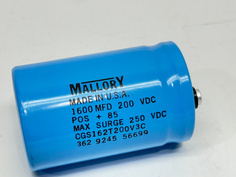 Mallory CGS162T200V3C Capacitor 1,600 MFD POS +85 200 WVDC - Maverick Industrial Sales