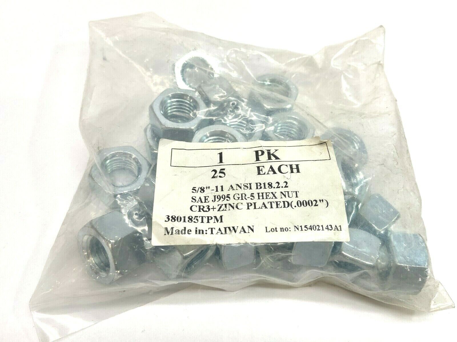 5/8-11 ANSI B18.2.2 | 5/8"-11 ANSI B18.2.2 Hex Nut Zinc Plated Bag of 25 - New - Maverick Industrial Sales