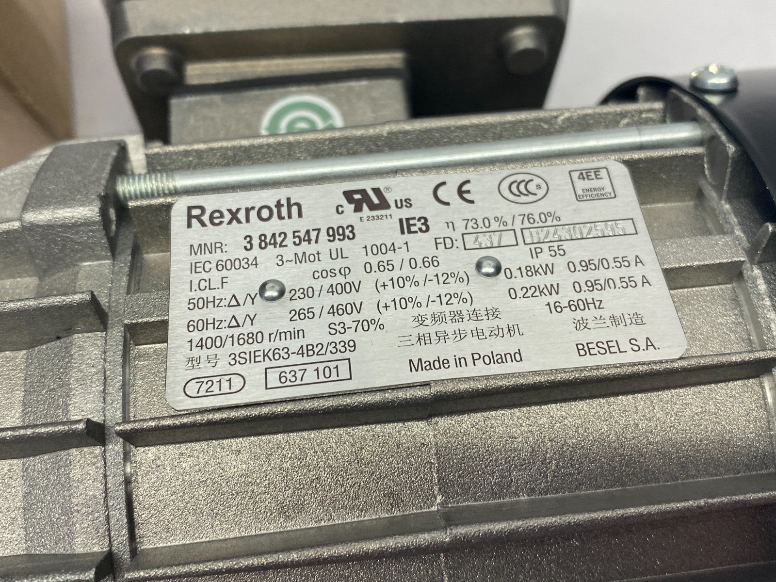 Bosch Rexroth 3842547993 Electric Motor 3-Phase, .22kW, 3SIEK63-4B2/339 - Maverick Industrial Sales