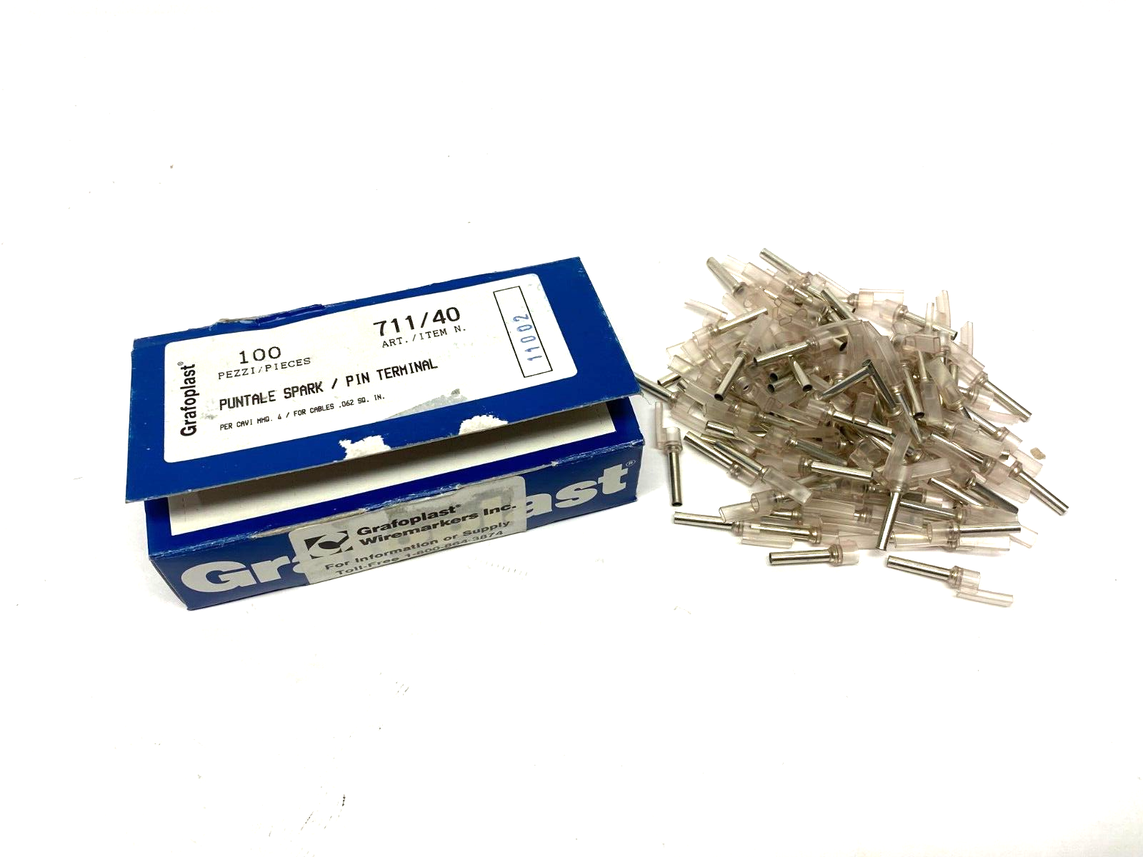 Grafoplast 711/40 17mm Spark Crimp-On Pins for Cable O.D. 4mm OPEN BOX OF 100 - Maverick Industrial Sales