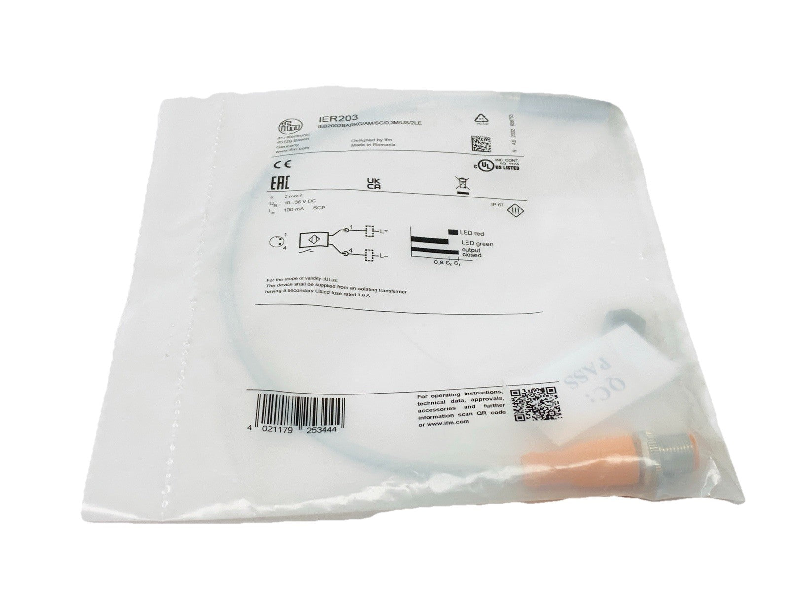 IFM IER203 Inductive Full Metal Sensor IEB2002BARKG/AM/SC/0,3M/US/2LE - New – Open box - Maverick Industrial Sales