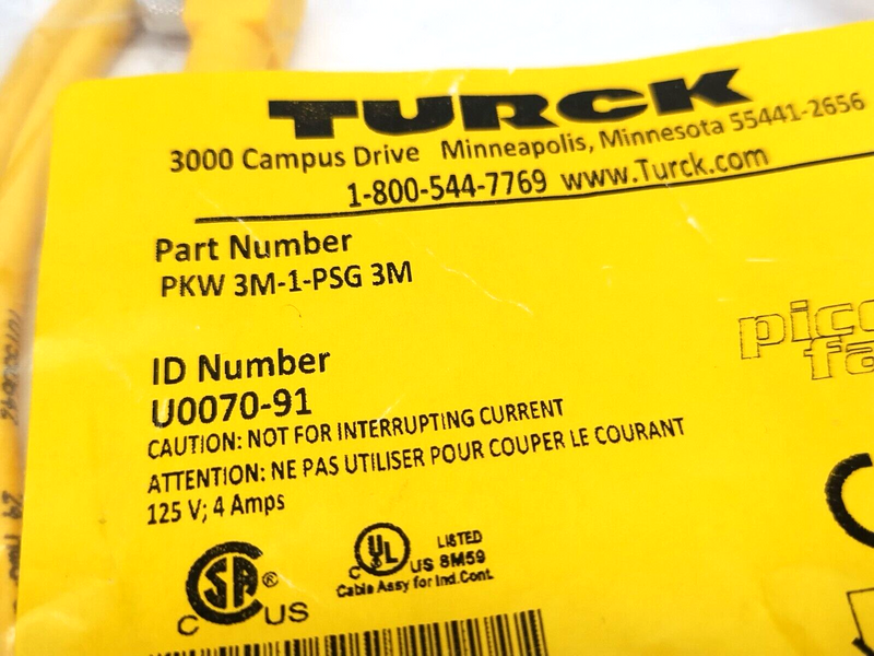Turck PKW 3M-1-PSG 3M Actuator & Sensor Cordset M8 3-Pin 1m U0070-91 - Maverick Industrial Sales