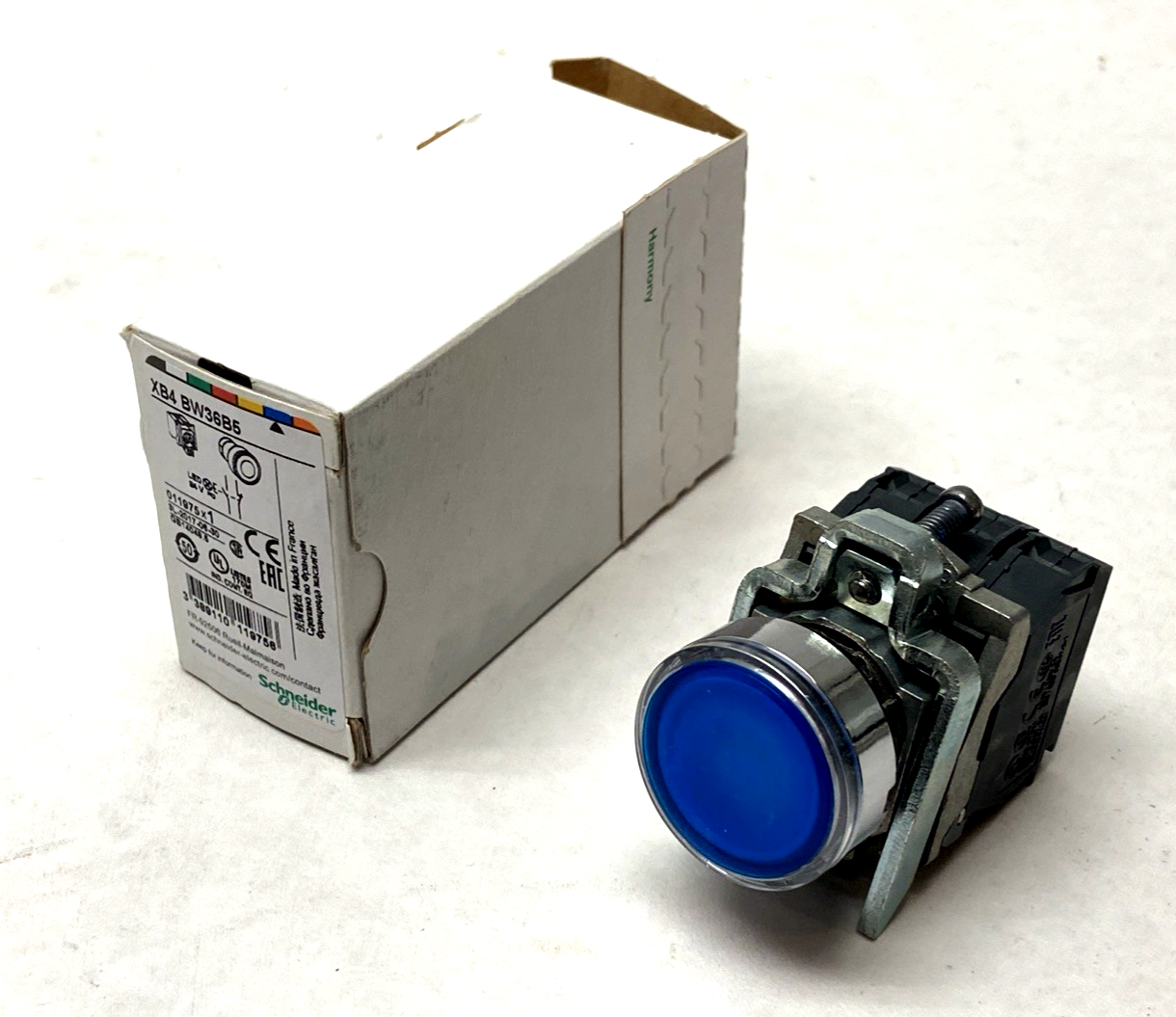 Schneider Electric XB4BW36B5 Illuminated Push Button 22mm Blue 1NO+1NC 24V AC DC - Maverick Industrial Sales