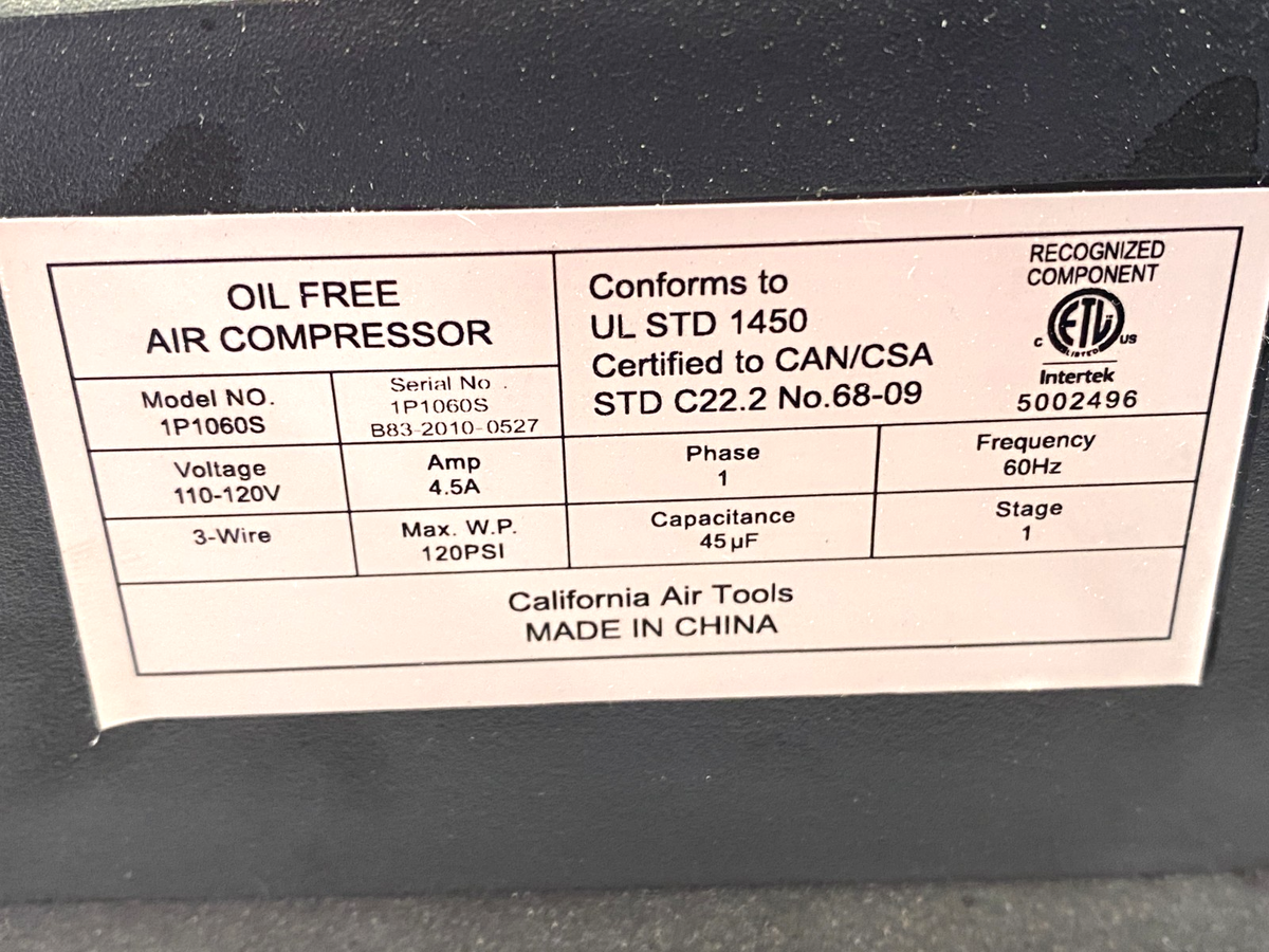 1P1060S | California Air Tools Air Compressor 1-Phase 3-Wire 120PSI 110-120V 4.5A- Used - Maverick Industrial Sales