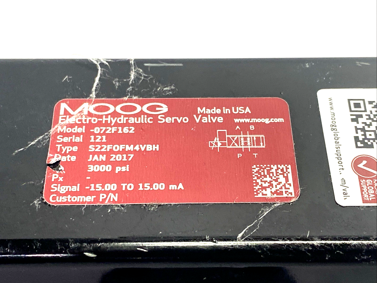072F162 | Moog Servo Valve 3000 psi S22FOFM4VBH, HV-SV-60GPM-1IPT - For parts or not working - Maverick Industrial Sales
