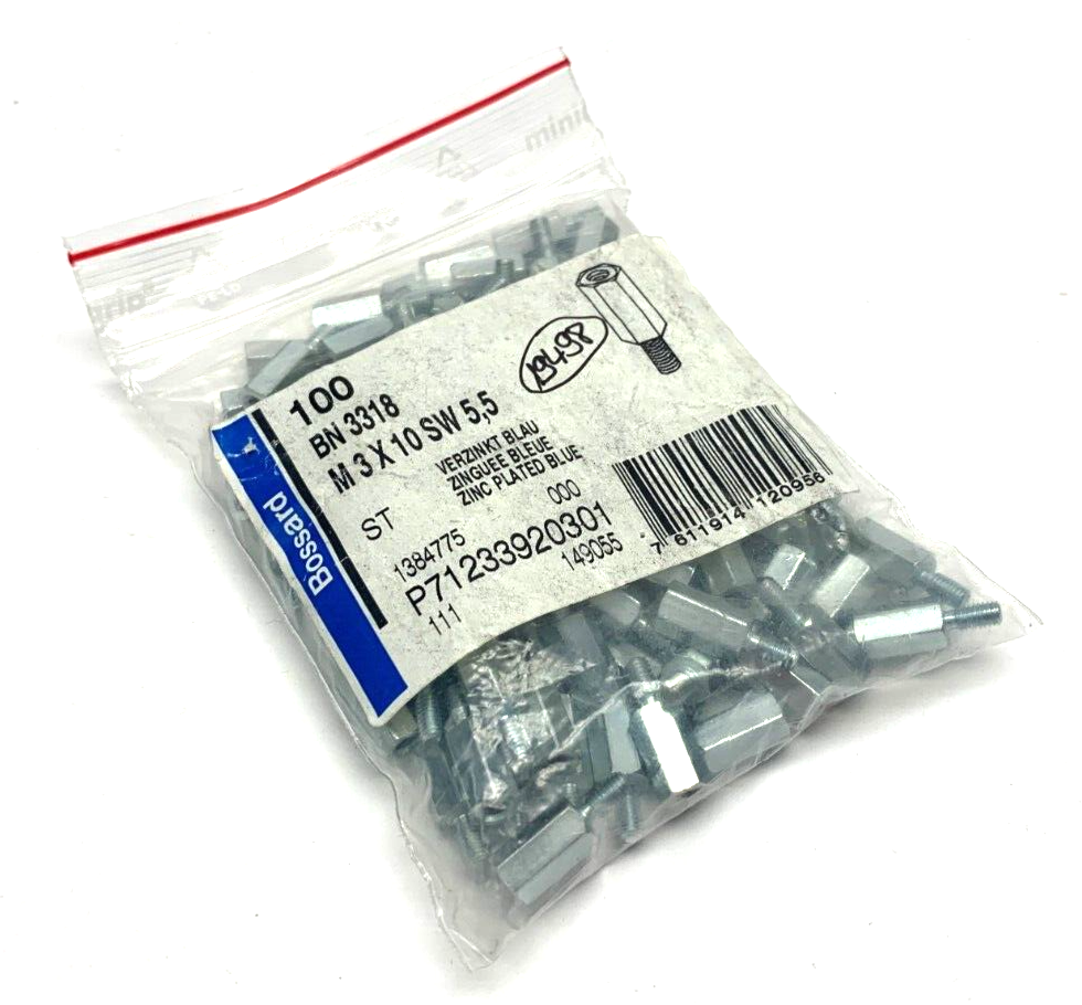 1384775 | Bossard Screwed Spacer Sleeve M3 x 10SW 5,5 Blue Plated Zinc PACK OF 100 - New - Maverick Industrial Sales